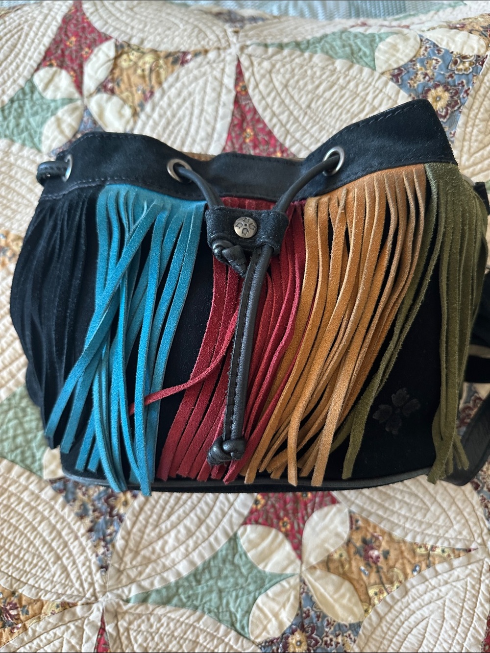 Patricia Nash Black Suede Fringe Crossbody with Teal, Burgundy & Mustard Accents